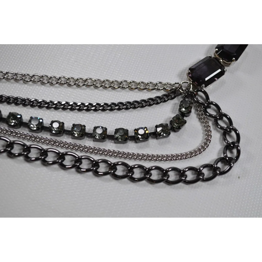 Dark Silver Tone Multi Strand Layer Necklace w/ Clear‎ Rhinestone Accent 35.5